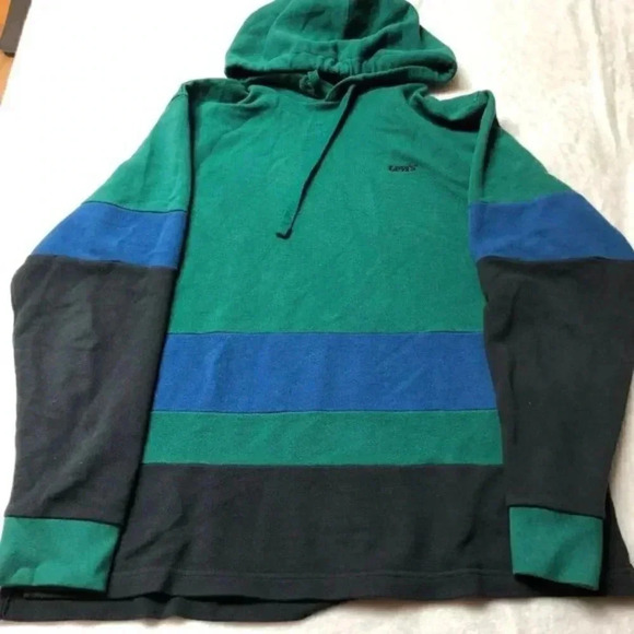 Levi's Pieced Open Hem Cotton Hoodie Tri Color Caviar Block Relaxed Fit Med - Picture 2 of 11